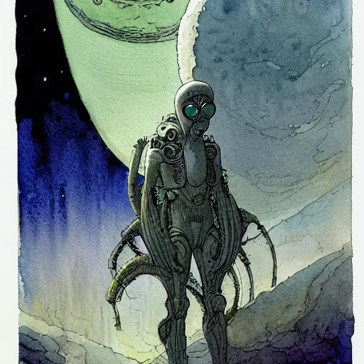 Image similar to a simple and atmospheric watercolour pulp sci - fi alien, very muted colors, by rebecca guay, michael kaluta, charles vess and jean moebius giraud