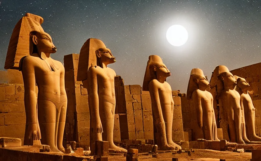 Prompt: a cinematic scene of egyptian gods with animal heads, having a ceremony in a moonlit temple in karnak