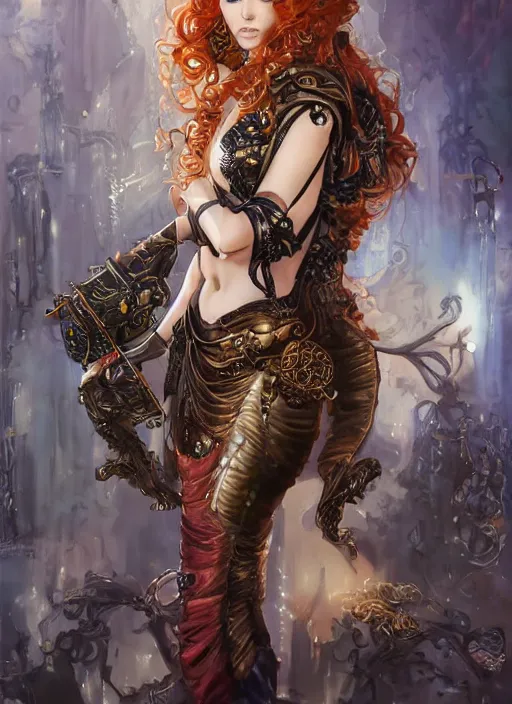 Image similar to three-quarters pose portrait of sensual Lady Mechanika, very beautiful young woman, ginger wavy hair, Intricate, steampunk imagery themed, D&D!, fantasy style, sharp focus!, ultra detailed, art by Artgerm and Peter Andrew Jones, WLUP