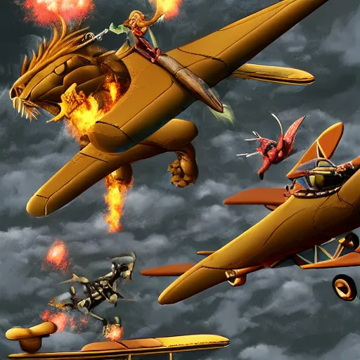 Prompt: fantasy dragon fighting biplanes