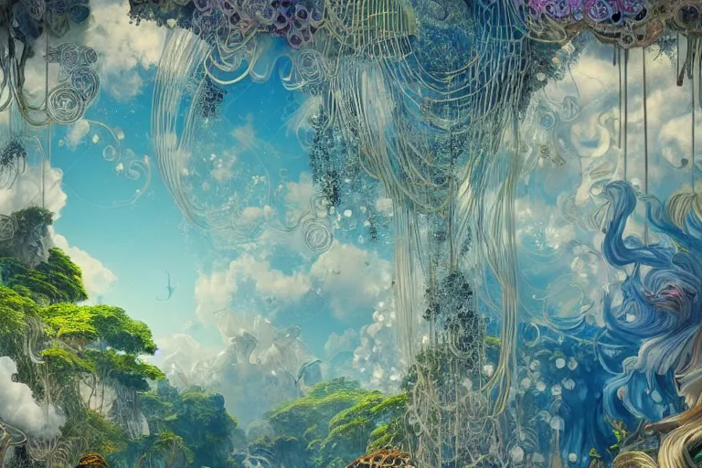 Image similar to simplicity, a huge flock of many ornate mottled puffy filigreed clouds tangled into large whirling ultra detailed crystal specimens, art nouveau jungle environment, playful, award winning art, epic dreamlike fantasy landscape, ultra realistic,