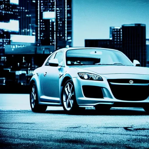 Prompt: grey RX-8 driving through stylized synthwave city night time beautiful