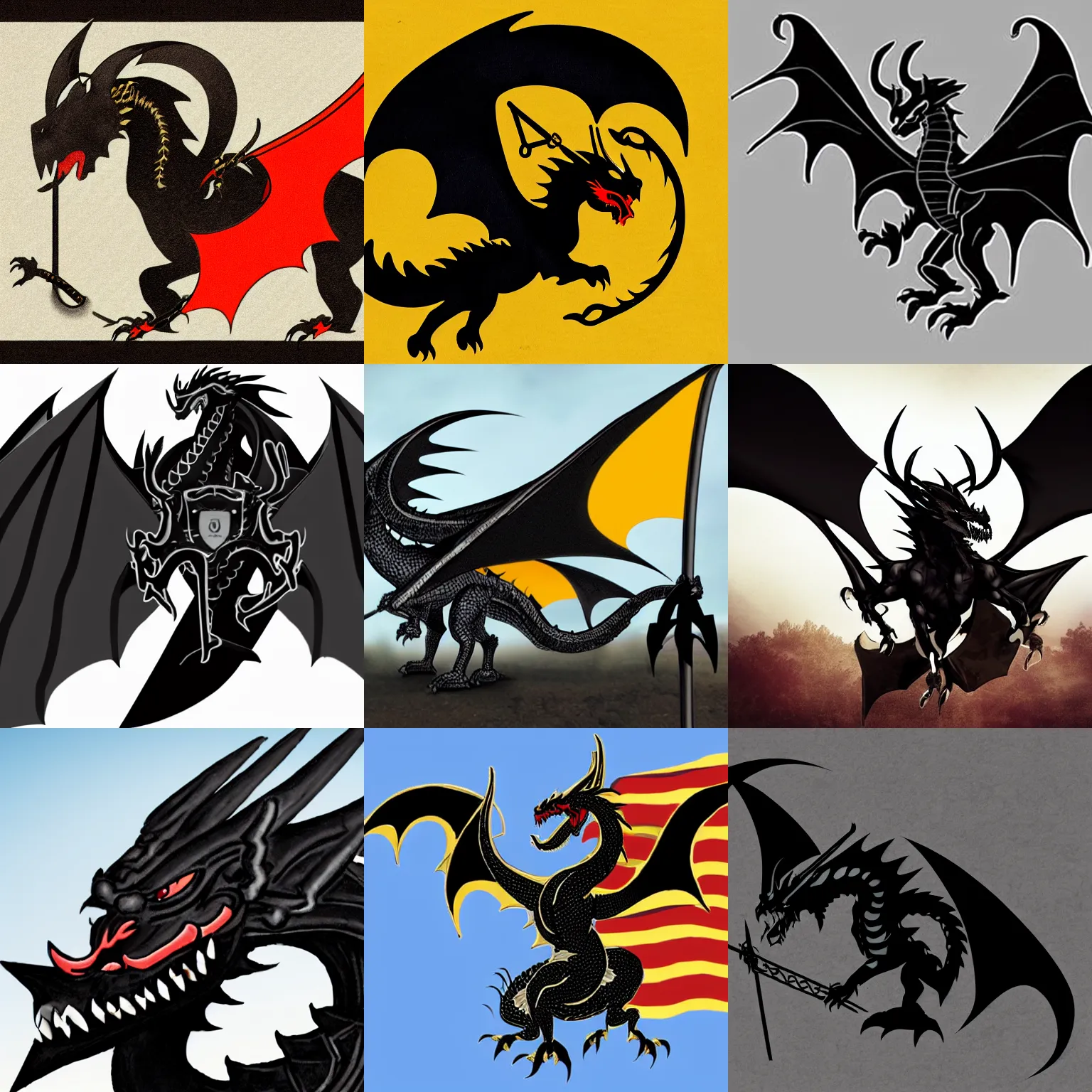 Image similar to a black western dragon with four horns, waving a flag with lambda symbol