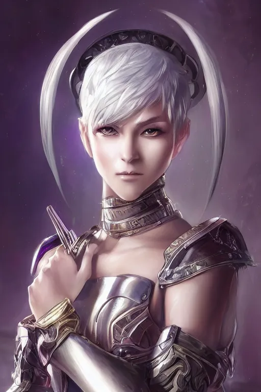 Image similar to A realistic anime portrait of a short white haired female rogue wearing an intricate medium armor, middle eastern, purple eyes, digital painting, by Stanley Artgerm Lau, Sakimichan, WLOP and Rossdraws, digtial painting, trending on ArtStation, SFW version