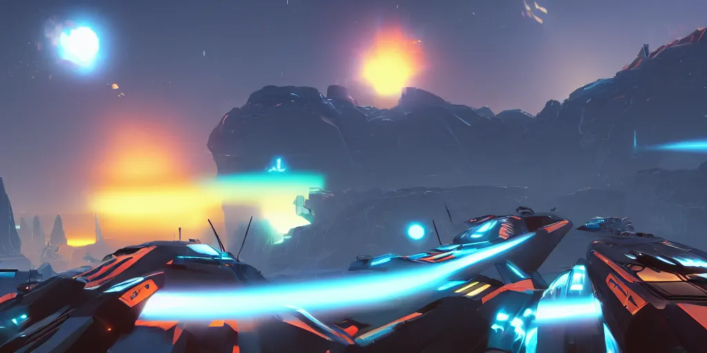 Image similar to screenshot of battlezone, videogame, vector, large mountains visible, axure sky, neon glow, lens flare