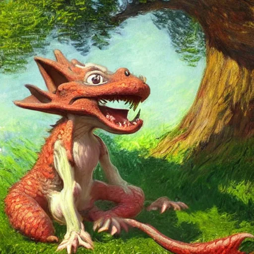 Prompt: A cute kobold is enjoying the sweet summer air under the shade of a great oak tree in summer. trending on Pixiv. trending on ArtStation. A vibrant digital oil painting. A highly detailed fantasy character illustration by Wayne Reynolds and Charles Monet and Gustave Dore and Carl Critchlow and Bram Sels