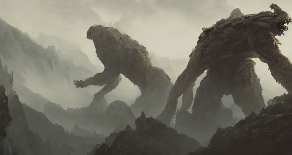 Image similar to a giant monster with many limbs crawling across a misty mountainous landscape, dramatic lighting, illustration by francois baranger, greg rutkowski, yoji shinkawa, 4 k, digital art, concept art, trending on artstation