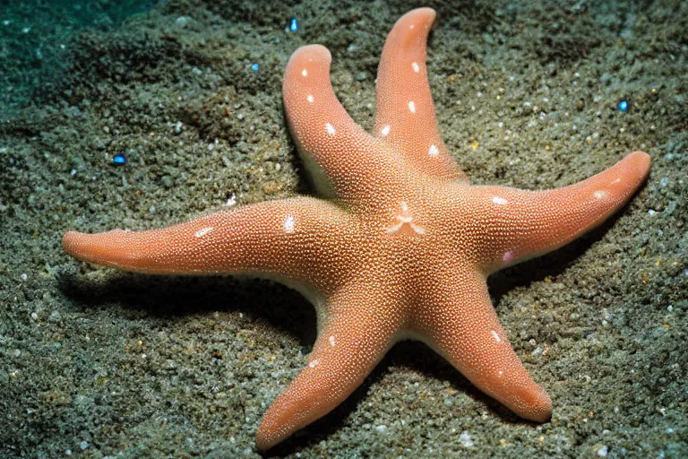 Prompt: a magnificent bioluminescent porcelain starfish in a marine aquarium setting. translucent, hyperrealistic, shallow focus, trending on artstation, impressive lighting, casting dark grainy shadows. octane render, 4 k