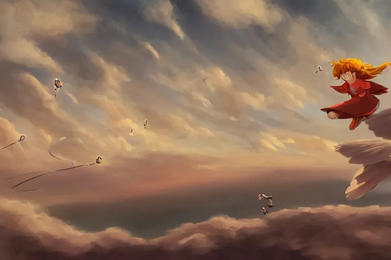 Image similar to A cell animation of girl flying with a bird-shaped white glider over the clowds, Nausicaa of the Valley of the Wind, Miyazaki Hayao, ghibli style, highly detailed, digital painting, concept art, sharp focus, illustration, anime, trending on artstaion