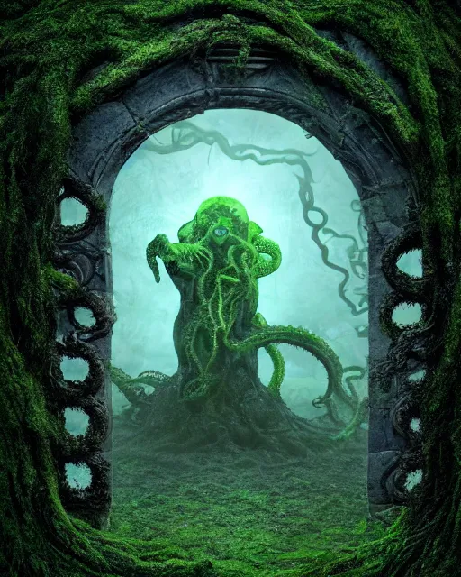 Prompt: highly detailed photograph of a lovecraftian ghost realm doorway with cthulhu beckoning in the center surrounded by mists, in the center of an old mossy cobblestone wall, photorealistic vivid 8 k resolution