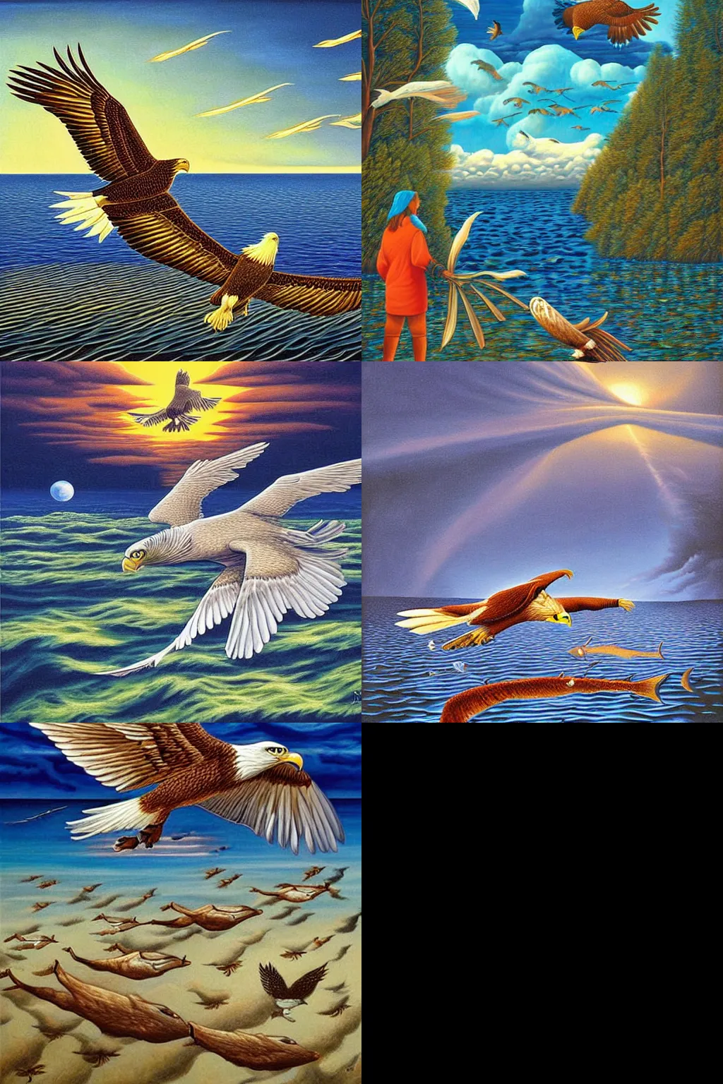 Prompt: A beautiful painting of eagle flying the sky and fish in the shallows, by Rob Gonsalves