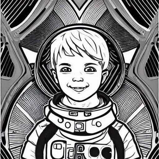 Image similar to clean simple line art of a cute little boy with short straight hair. he is dressed as an astronaut. no background. well composed, clean coloring book page, beautiful detailed face. coloring book line art by artgerm and greg rutkowski and johanna basford and alphonse mucha