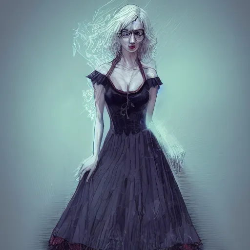 Image similar to a woman wearing a yellow dress with one leg revealed, detailed body and face with pink lips and blue eyes, gothic atmosphere, digital art, highly detailed, high contrast, beautiful lighting, award winning, trending on art station, photorealistic, 8 k,