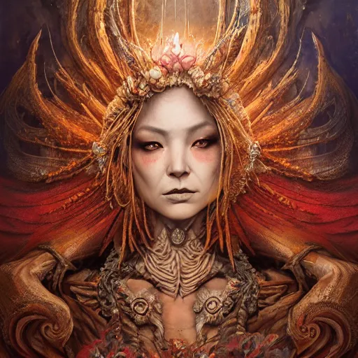 Prompt: a beautiful detailed 3d matte painting of female empress of the dead, by ellen jewett, by tomasz alen kopera, by Justin Gerard, ominous, magical realism, texture, intricate, ornate, royally decorated, skull, skeleton, whirling smoke, embers, red adornements, red torn fabric, radiant colors, fantasy, volumetric lighting, high details