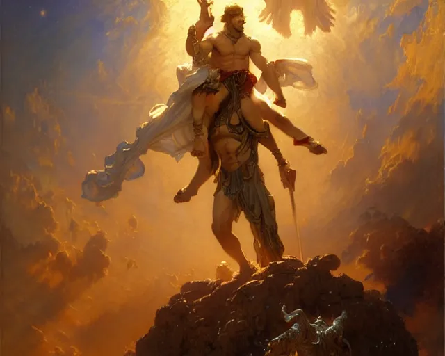 Image similar to attractive heroic male deity, casts magic, summoning handsome heroic lucifer morning star. highly detailed painting by gaston bussiere, craig mullins, j. c. leyendecker 8 k