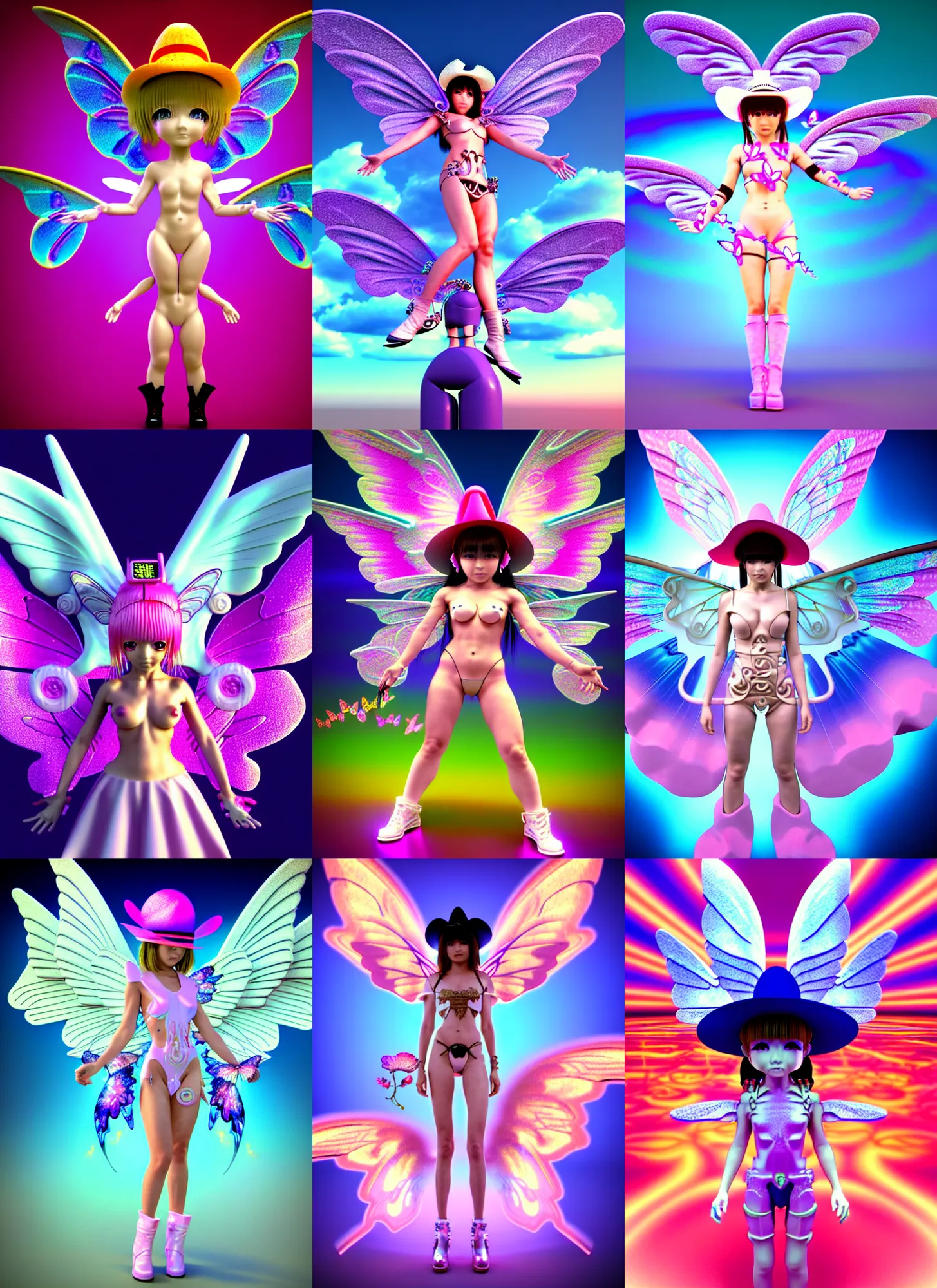 Prompt: 3d render of chibi cyborg fairy angel by Ichiro Tanida wearing a big cowboy hat and wearing angel wings against a psychedelic swirly background with 3d butterflies and 3d flowers n the style of 1990's CG graphics 3d rendered y2K aesthetic by Ichiro Tanida, 3DO magazine