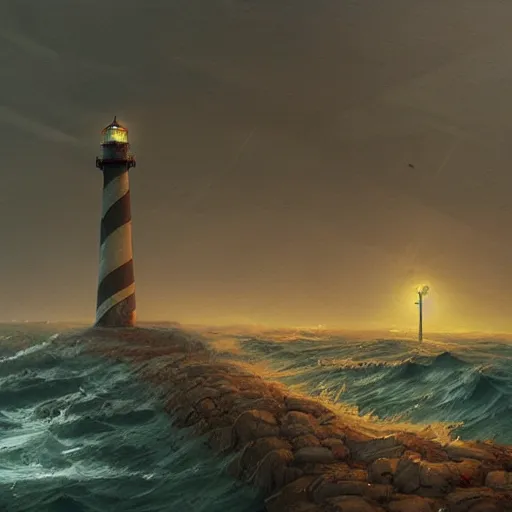 Prompt: lighthouse in a stormy sea, mechanic, robotic, abandoned, overgrown, cables, moody, realistic, concept art by simon stalenhag