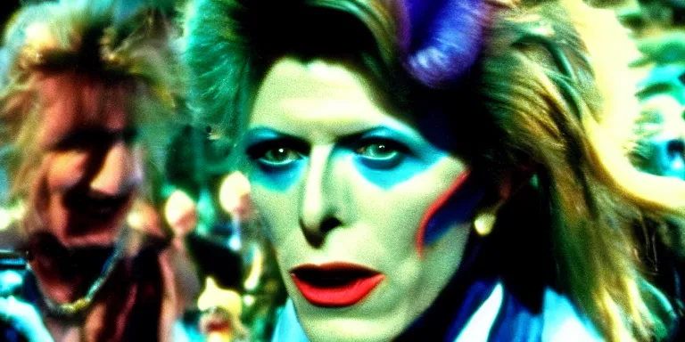 Image similar to Cinematography of Heroes era David Bowie in 1981 shot on a 9.8mm wide angle lens on the set of The Muppet Movie