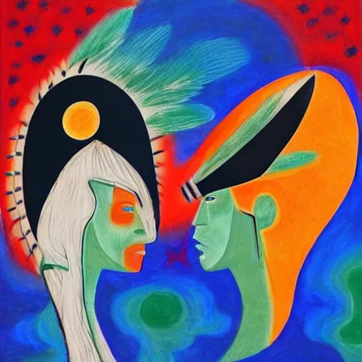 Prompt: two Native American Women in the moonlight dancing by the ocean , high quality art in the style of cubism and georgia o’keefe