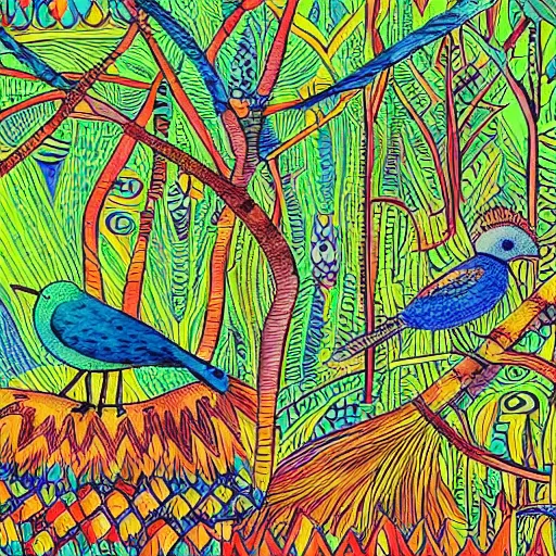 Image similar to A beautiful experimental art of a bird in its natural habitat. The bird is shown in great detail, with its colorful plumage and intricate patterns. The background is a simple but detailed landscape, with trees, bushes, and a river. Labyrinth Pan's by ROA, by Roman Vishniac doom