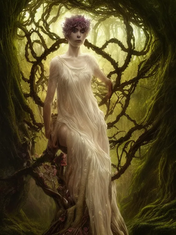 Prompt: Full View Portrait Mystical ethereal deity of oak trees wearing beautiful dress in a magic forest, Oak Dryad made of vines tree bark moss beautiful dress, 4k digital masterpiece by Greg Rutkowski and Ruan Jia and Tom bagshaw, Alberto Seveso, fantasycore, Hyperdetailed, realistic oil on linen, soft lighting, featured on Artstation, textured, stylized, intricate details