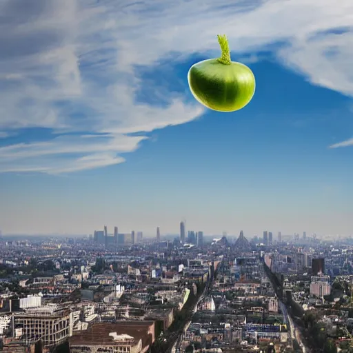 Prompt: Impossibly large cucumber floating in the sky above a city | ground view