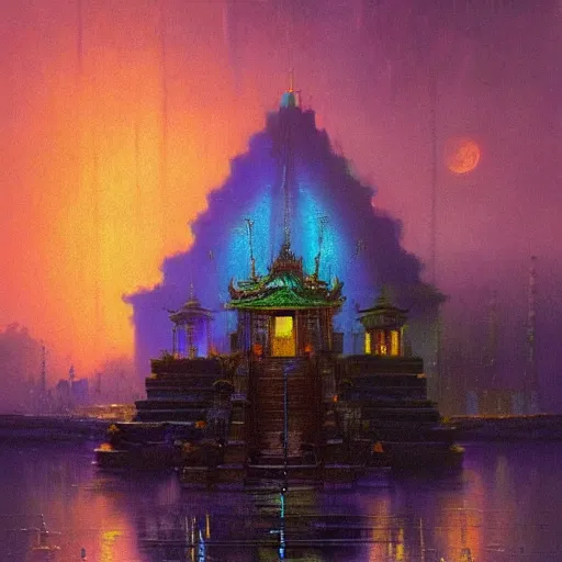 Prompt: a beautiful painting of a dimly lit temple with blue and purple sources of light by bruce pennington, trending on artstation