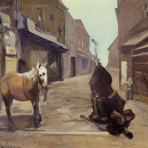 Image similar to painting of a man on a horse in a Dublin alleyway, painted by George Bellows, 1905