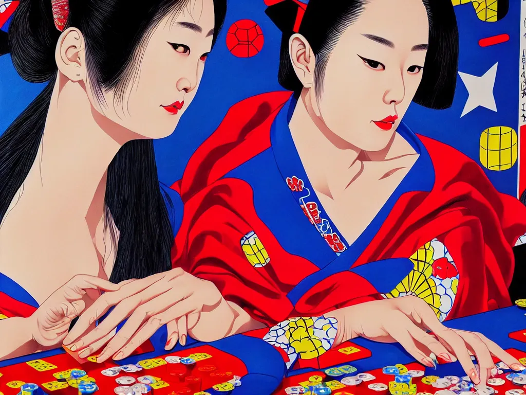 Image similar to hyperrealism composition of the detailed woman in a japanese kimono sitting at a poker table with superman, fireworks on the background, pop - art style, jacky tsai style, acrylic on canvas