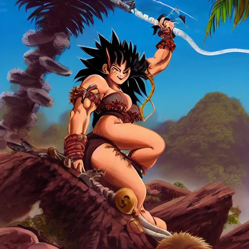 Image similar to barbarian warrior woman with chimera monkey tail, monkey tail, furry tail, barbarian pelt, cavewoman, black hair, electrified hair, wild spiky black saiyan hair, surrounded by electrical aura, prowling around primeval jungle, palm trees, rocks, mountains, red sky, hyperdetailed, ultra high definition, realism, 4 k, frank frazetta