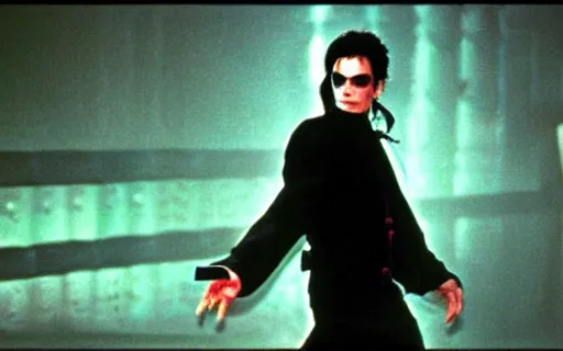 Image similar to Michael Jackson as Neo fighting Agent Smith, Still from The Matrix (1999)