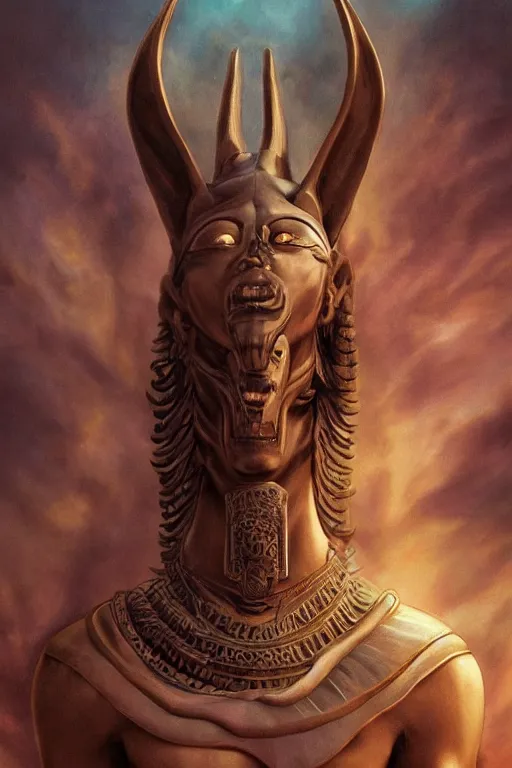 Prompt: Death Anubis, detailed face, gorgeous, amazing, flowing hair, very muscular male body, partial anatomy, stormy background, caesar victorious, proud Emperor, crepuscular ray, intricate, highly detailed, 8K, digital painting, fantasy, artstation, concept art, sharp focus, over-shoulder shot, illustration, art by Wayne Barlowe and alphonse mucha