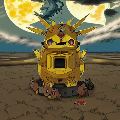 Prompt: a cell shaded cartoon lovecraftian pikachu mechanized demon gundam, on a desert road, wide shot, in front of a big moon, muted colors, post grunge, josan gonzales, wlop, by james jean, victor ngai, hq, deviantart, art by artgem