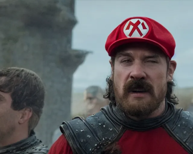 Image similar to promotional image of real life super mario in game of thrones, realistic, red cap, red clothes, detailed face, movie still frame, promotional image, imax 70 mm footage