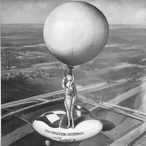 Image similar to gynoid riding atop an enormous blimp