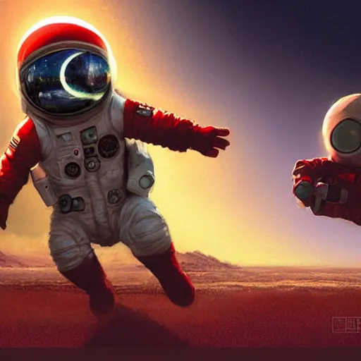 Prompt: movie poster, baby red astronaut, invisible arm, digital art by Craig Mullins