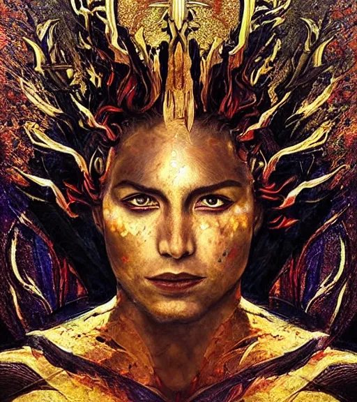 Image similar to I am the warrior Lord of the three worlds of existence, the manifest Lord of the glorious Lord’s manifestation. I am alive, and I am rejuvenated. Be strong,, and be prepared. Strive hard and become a chosen one. the seven stars are mine, portrait, overgrowth and dark flowers by karol bak, WLOP, James Jean! , tom bagshaw, rococo, trending on artstation, fantasy, elegant, highly detailed, digital painting, concept art, smooth, sharp focus, illustration, cinematic lighting, hyper realism, octane render, 8k, hyper detailed.