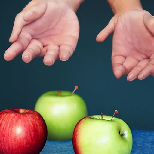 Image similar to a basketball, a frisbee, an apple; a hand points to the fruit