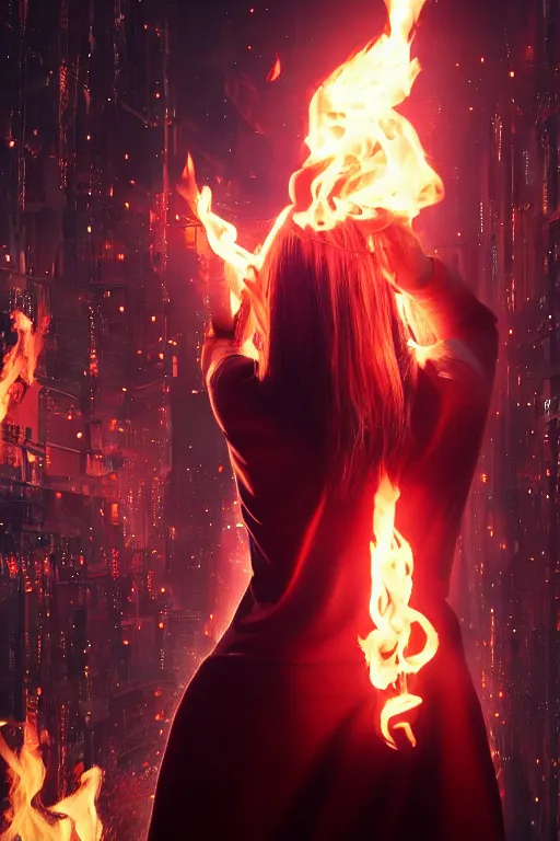 Image similar to young blonde woman from behind with flames dancing on her hands with a long jacket in a cyberpunk city, realistic, high definition, 4K, shimmering color, art of Pixar