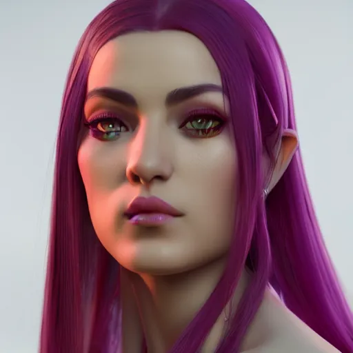 Image similar to portrait of a beautiful female high elf with tan skin, magenta eyes, dark hair. 3 d octane render trending on art station 8 k