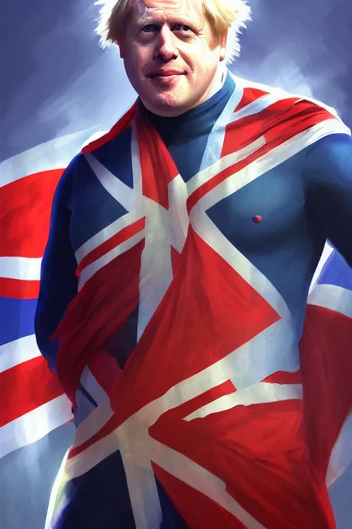 Prompt: Boris Johnson as a superhero Captain Great Britain with Union Jack on the chest, portrait, highly detailed, digital painting, artstation, concept art, smooth, sharp focus, soft volumetric lights, illustration, cinematic lighting, art by artgerm and greg rutkowski and alphonse mucha