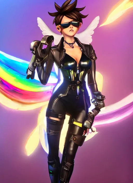 Prompt: fullbody digital artwork of tracer overwatch, wearing black iridescent rainbow latex tank top, 4 k, expressive happy smug expression, makeup, in style of mark arian, angel wings, wearing detailed black leather collar, chains, black leather harness, detailed face and eyes,