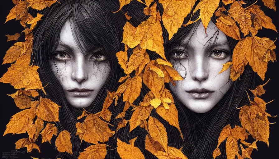 Image similar to dark colors, golden leaves at frame border, creative!!! composition for a book cover!!!, absurdly beautiful, ultrafine hyperrealistic detailed old!! witch face by wlop and artgerm and greg rutkowski, intricate linework, sharp focus, smooth, octopath traveler, final fantasy, unreal engine, dramatic lighting, ethereal, 8 k