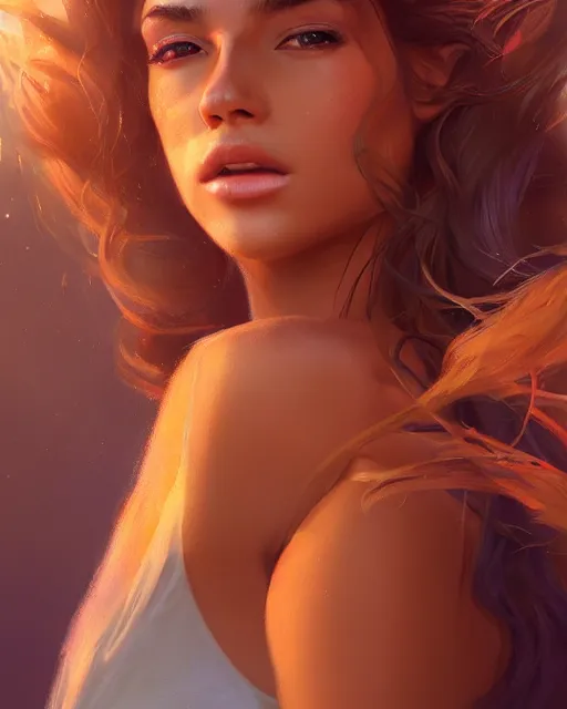 Image similar to summer vibes, beautiful sun tanned goddess portrait, flowy sunkissed hair, sun, summer, cinematic lighting, highly detailed, digital painting, trending on artstation, pixiv, concept art, sharp focus, illustration, art by ross tran and wlop