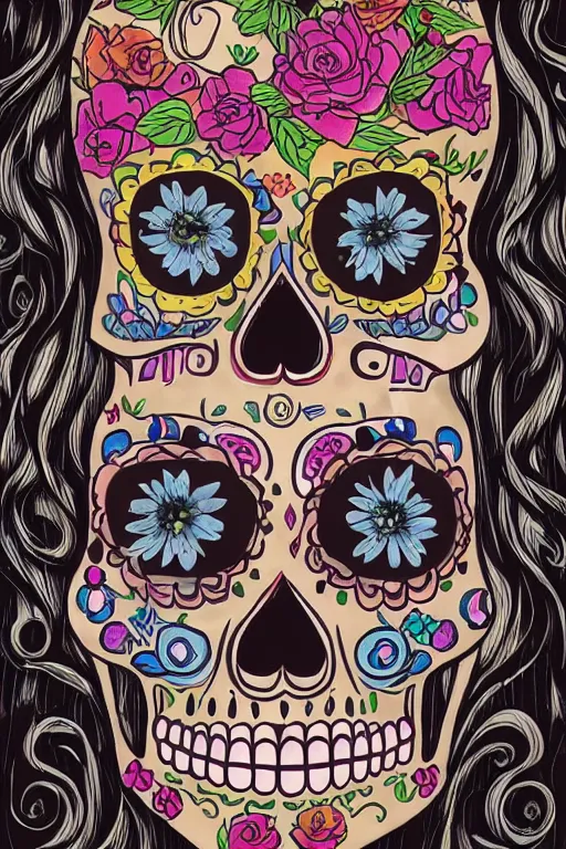 Prompt: illustration of a sugar skull day of the dead girl, art by lixin yin