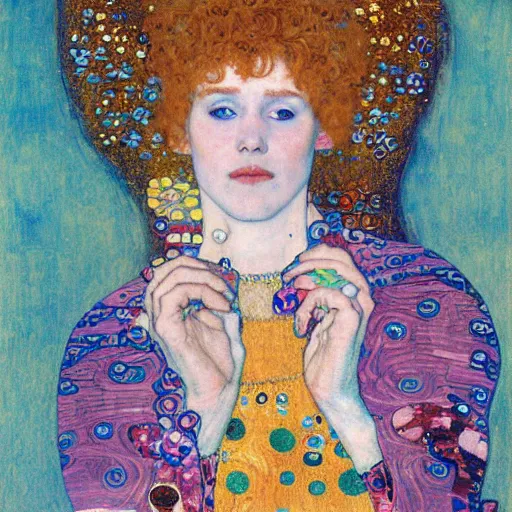Prompt: An angelic woman with short red hair in light blue garbs by Gustav Klimt, ornate purple background, detailed