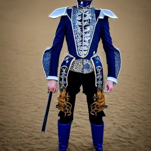 Image similar to low angle upper view of adult Austin Butler dressed in futuristic-baroque prussian blue duelist-garb with Griffin-Ram embroidery emblem, and nanocarbon-vest and greaves, standing in an arena in Dune 2020, XF IQ4, f/1.4, ISO 200, 1/160s, 8K, RAW, unedited, symmetrical balance, face in-frame