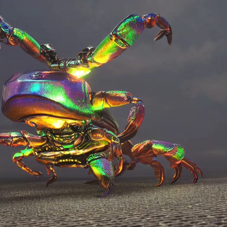 Image similar to vfx portrait shot by weta digital and industrial light and magic ilm, a colorful iridescent crab monster made out of shiny reflective silver metallic chrome with detailed intricate glowing bioluminescence, in the streets of a dark and moody seaside town, heavy fog, octane render, cinema 4 d, ray traced lighting, very short depth of field, bokeh