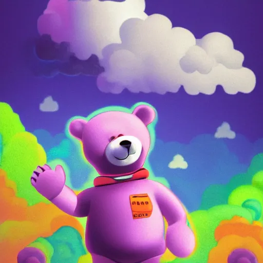 Image similar to cartoon animated bear wearing clothes being launched out of a futuristic machine into a purple and orange cloud land