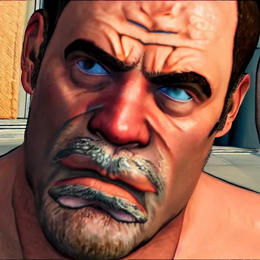 Image similar to close up portrait of drunken hercules in gta v